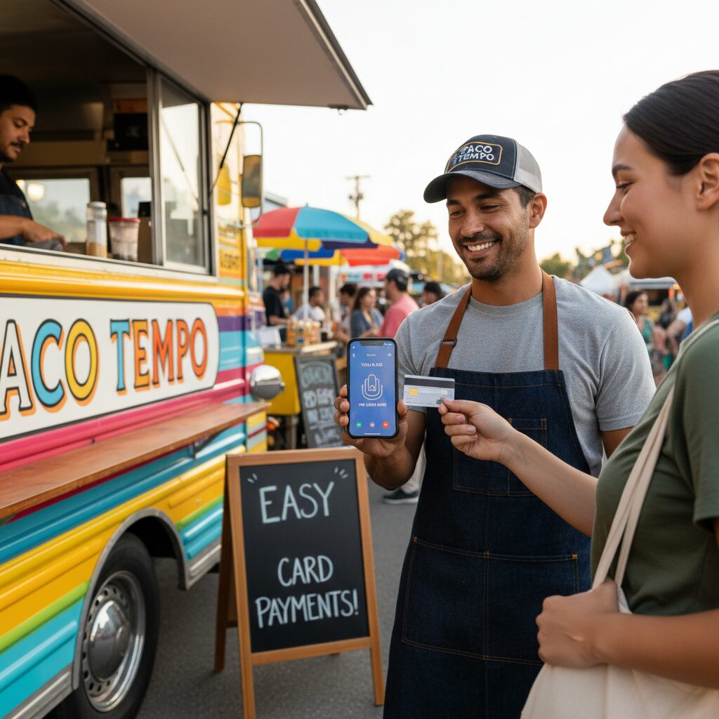 Photorealistic shot of a mobile vendor, such as a food truck owner or a market stall holder, accepting a card payment from a customer using just their smartphone. This scene highlights the ultimate mobility and professionalism of accepting payments anywhere, without extra hardware.