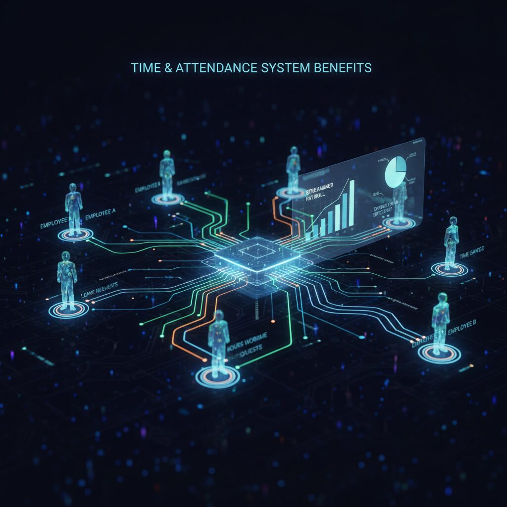 Abstract data visualization representing the benefits of a time and attendance system. Glowing lines of data flow from abstract employee nodes into a central processing unit, which then displays clean, simple charts and graphs on a dark, tech-savvy background, symbolizing streamlined payroll and data-driven insights.