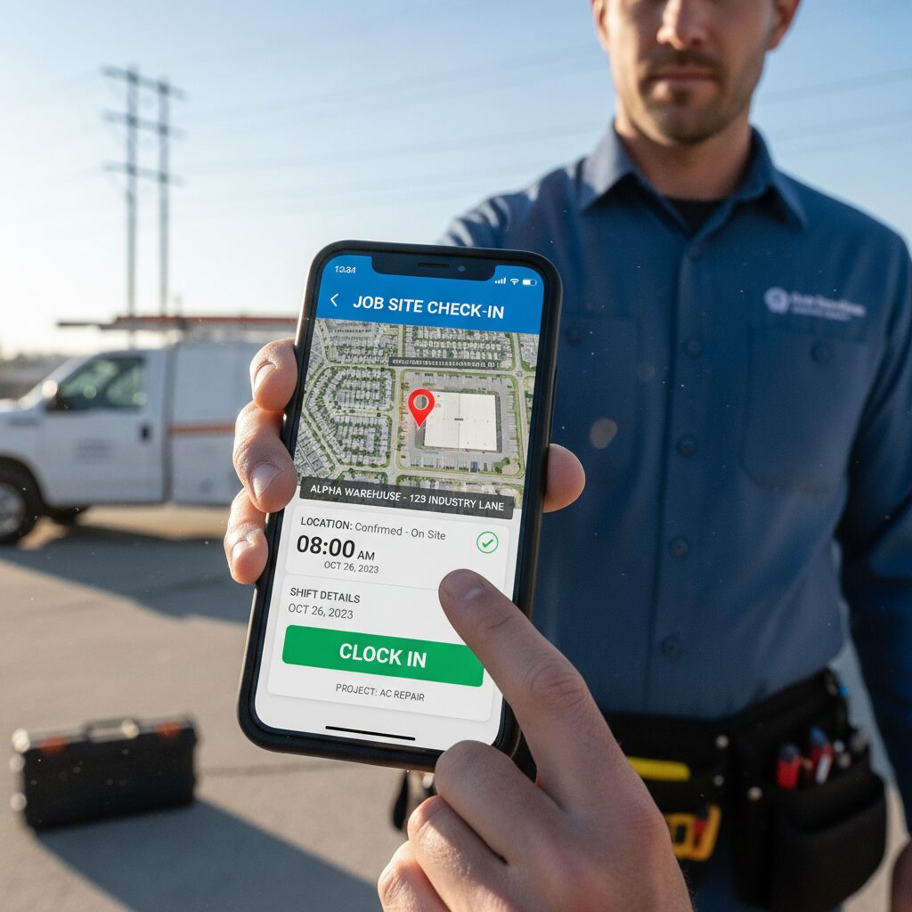 Photorealistic scene of a field service technician using a smartphone to clock in. The phone screen is clearly visible, showing a clean UI of a time-tracking app with a map and a GPS pin confirming their location at a job site, highlighting mobility and accuracy for remote teams.