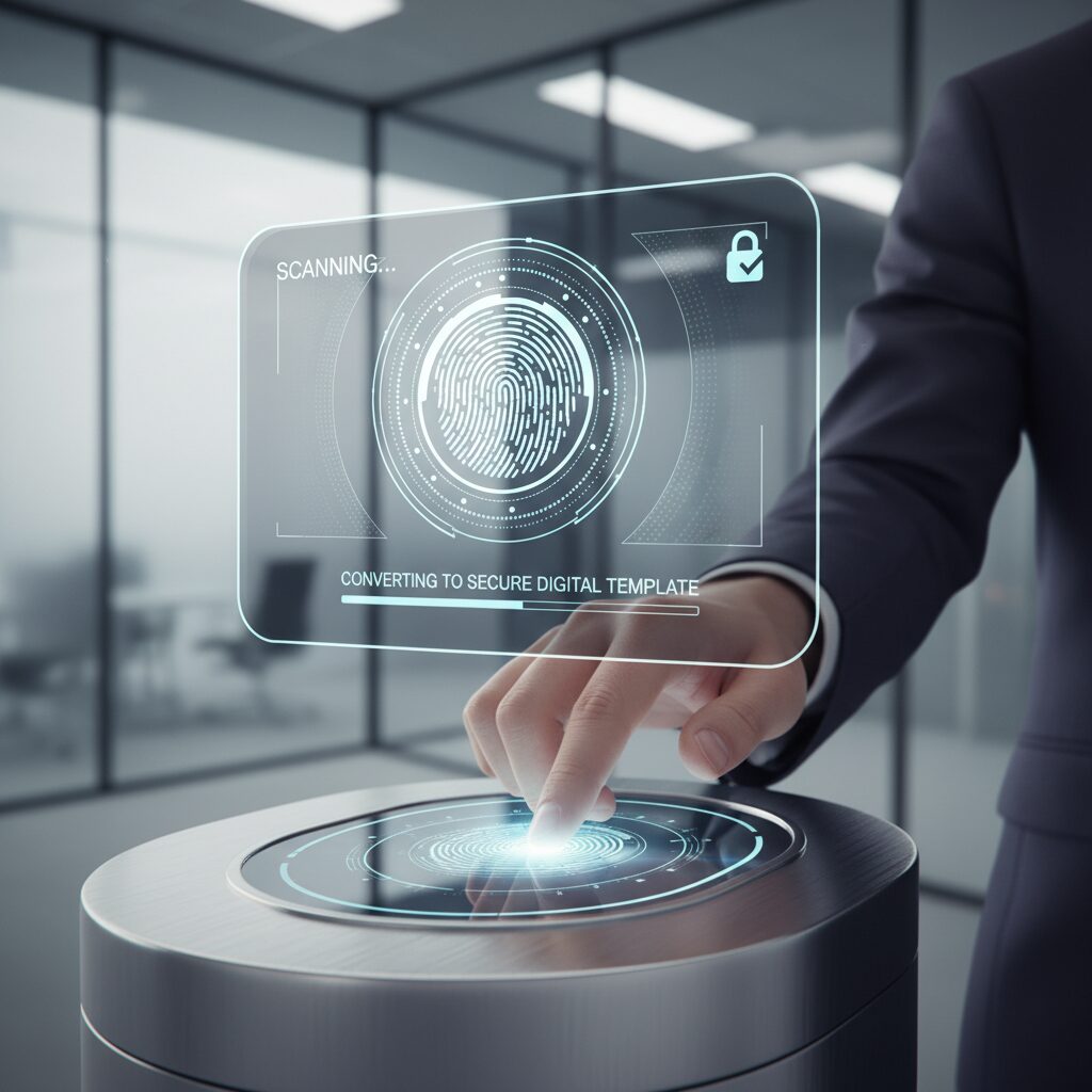 A photorealistic image of a professional placing their hand on a sleek, modern fingerprint scanner, with a clean UI design overlay showing the fingerprint being converted into a secure digital template.