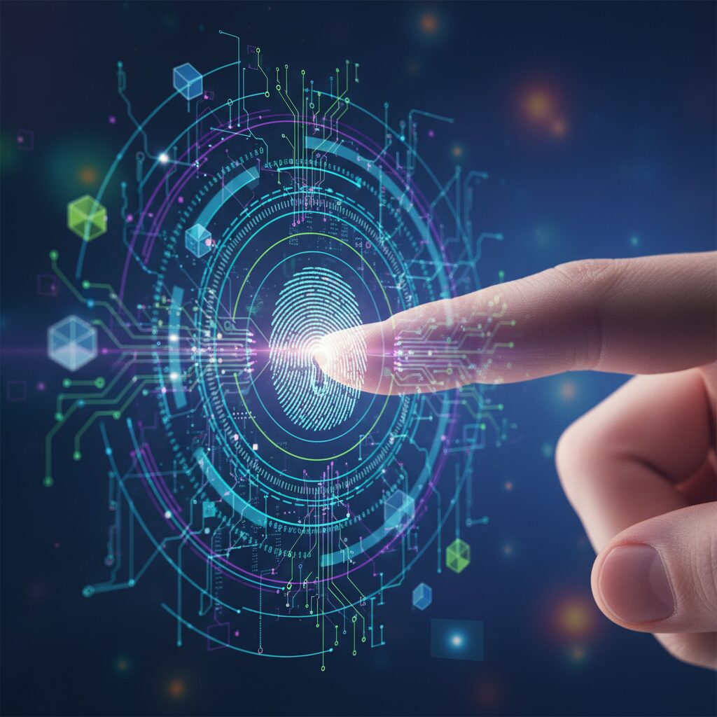 Digital illustration of a fingerprint biometric clocking system interface used for modern time and attendance systems in South Africa.