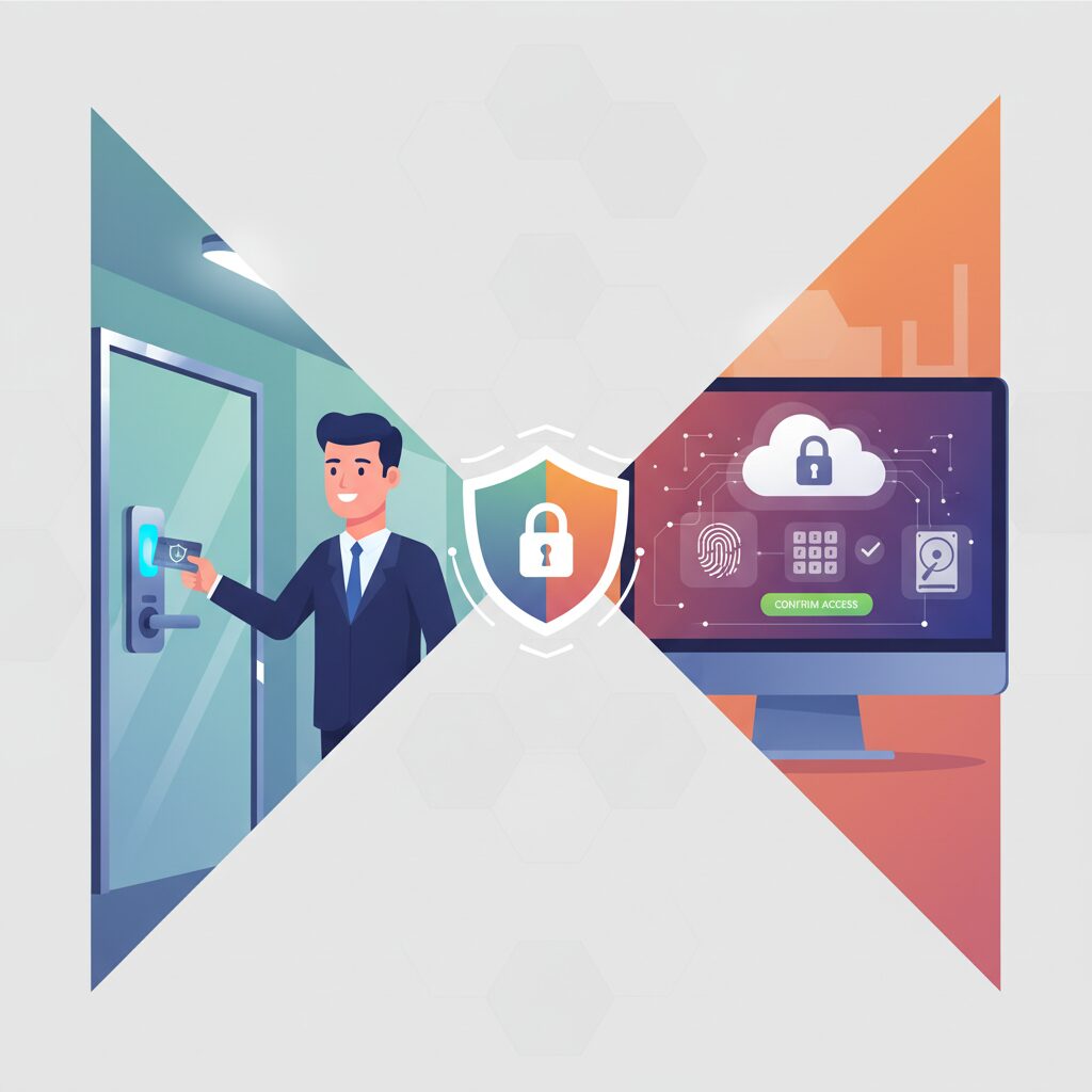 A modern, clean corporate illustration depicting a duality of security: one side shows a professional using a key card at a secure physical door, while the other side illustrates secure digital data access with multi-factor authentication on a computer screen, representing both physical and logical access control.