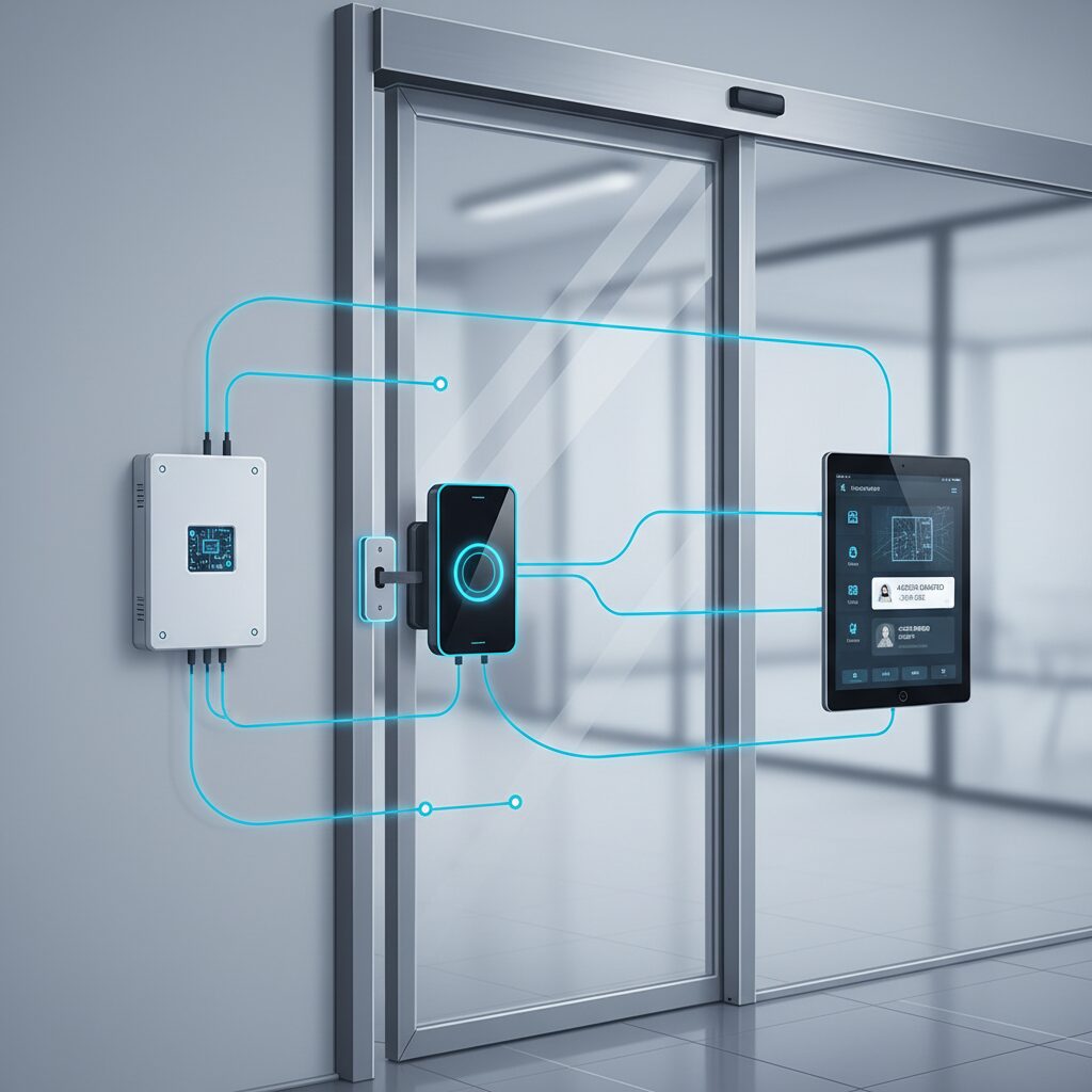 A professional, modern corporate illustration showcasing the key components of an access control system: a sleek card reader, a central controller unit, an electronic lock on a modern door, and a user interface of management software displayed on a tablet, all integrated seamlessly.