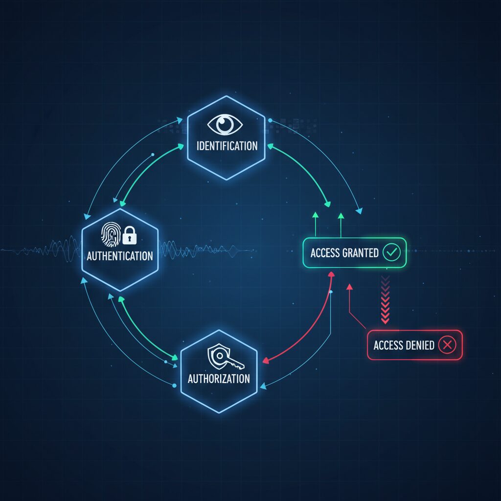 An abstract tech corporate illustration visualizing the core operational workflow of access control: interconnected nodes representing identification, authentication, authorization, and access granted/denied, with clean lines and subtle data flow animations against a professional background.