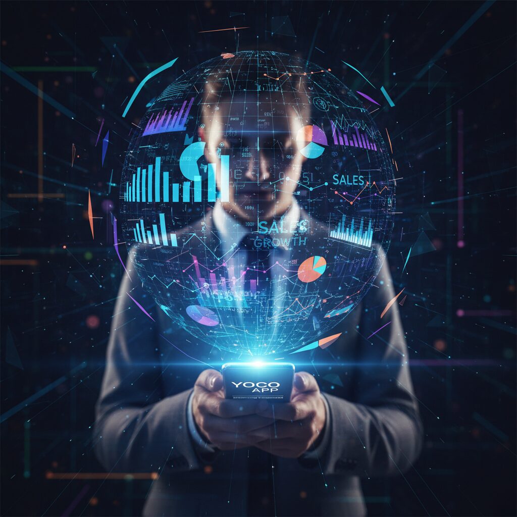 Abstract tech data visualization of a business professional analyzing glowing 3D charts and sales graphs that are projected holographically from a smartphone screen running the Yoco app's reporting dashboard.