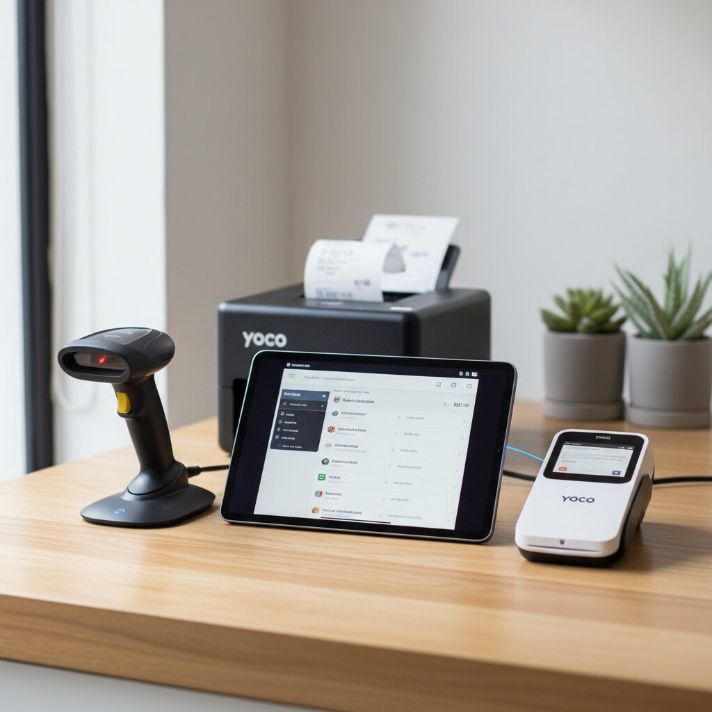 Corporate illustration showing a central smartphone with the Yoco app interface, surrounded by floating icons representing diverse payment methods like credit cards, QR codes, and Apple Pay, all connected by sleek, glowing lines.