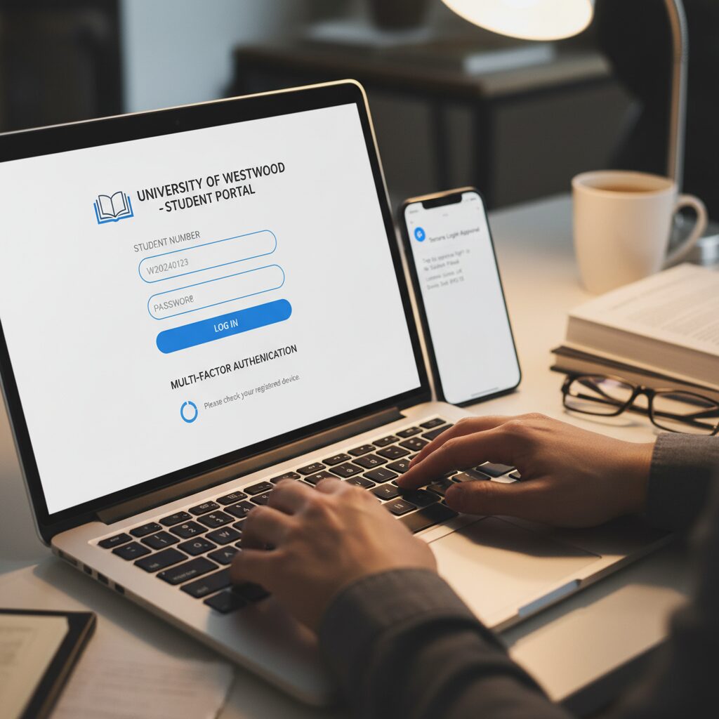 A photorealistic close-up of a user logging into a secure student portal on a laptop, with the clean UI design showing fields for a student number, password, and a prompt for multi-factor authentication.