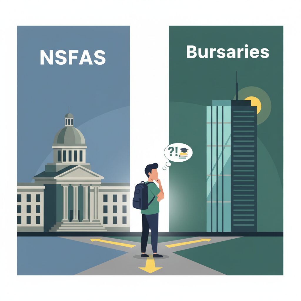 Corporate illustration depicting a split screen: on the left, a government building with the text 'NSFAS,' and on the right, a modern corporate skyscraper with the text 'Bursaries.' A student stands in the middle at a crossroads, evaluating their options, rendered in a clean, professional art style.