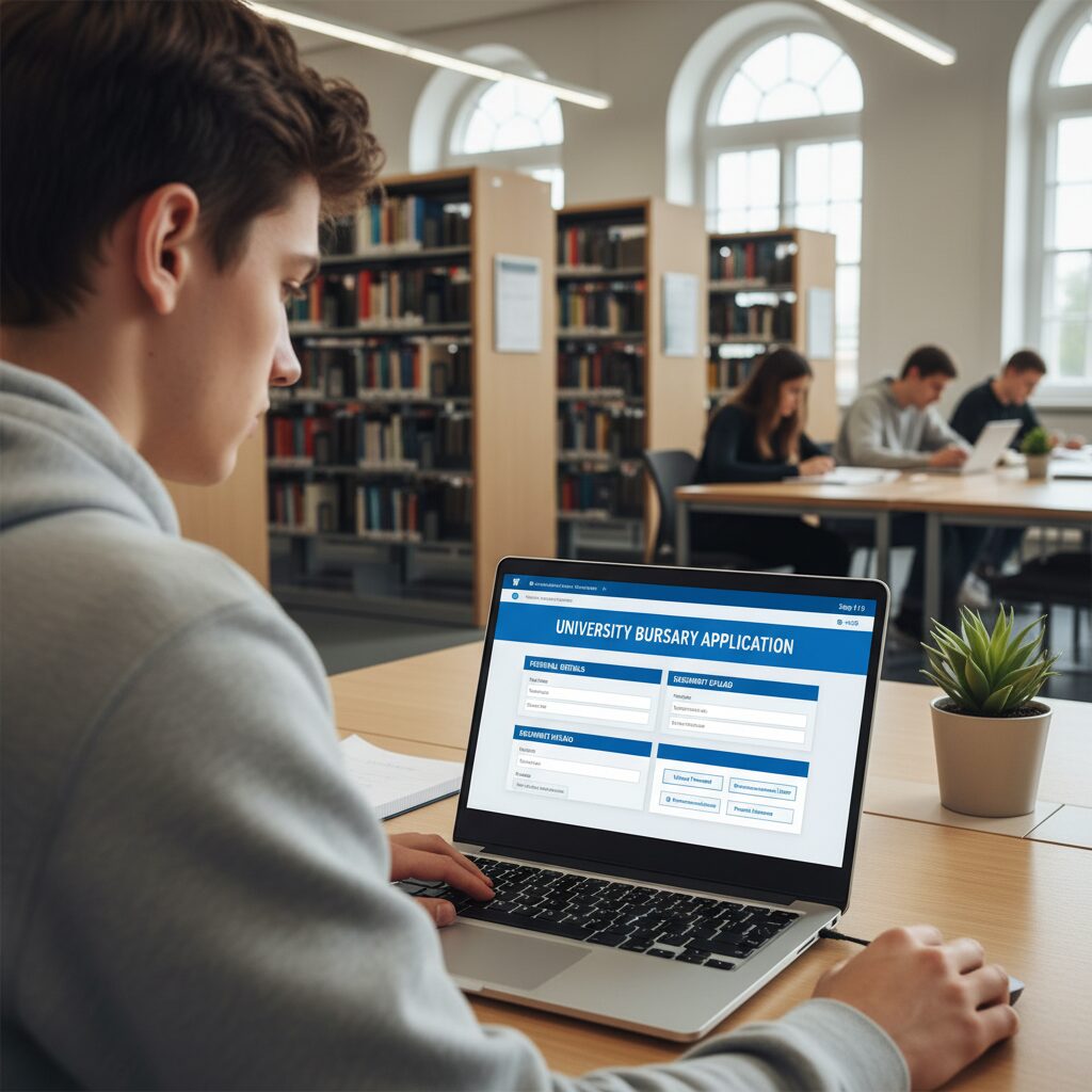 Over-the-shoulder, photorealistic shot of a student applying for a bursary on a laptop in a modern library. The screen shows a clean, user-friendly online application portal with fields for 'Personal Details' and 'Document Upload,' emphasizing the digital nature of the process.