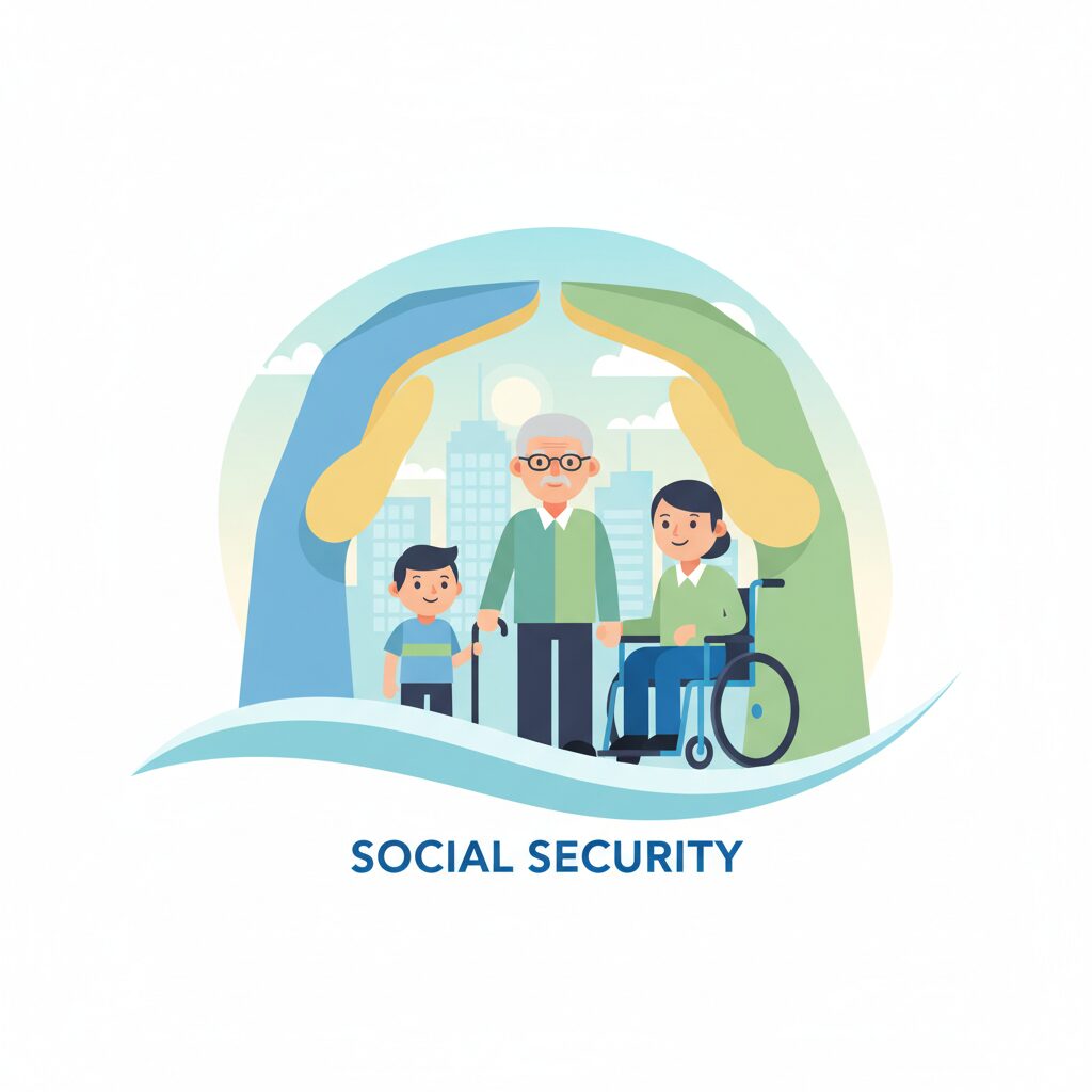 A cartoon illustration shows a multi-generational family, including an elderly man with a cane, a woman in a wheelchair, and a young boy, being sheltered by large, stylized hands under a sunlit sky. Below the family, the words "SOCIAL SECURITY" are prominent. This visual represents the broader concept of government support, similar to the social grants administered by SASSA, which can be a pathway for students to access a sassa bursary or government student loans South Africa.