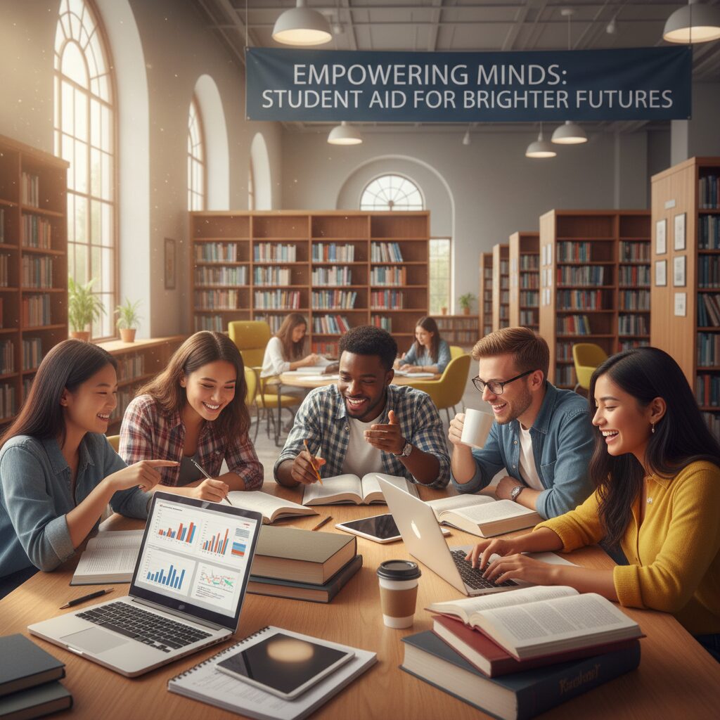 Photorealistic scene of a diverse group of smiling students collaborating around a table in a bright, modern university library. Laptops and books are open on the table, and the atmosphere is one of focused study and academic success, representing the opportunity provided by student financial aid or a sassa bursary.