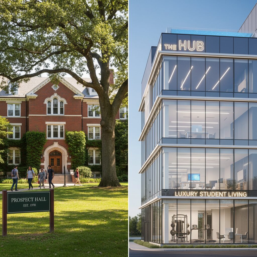A split-screen, photorealistic image contrasting two types of student housing; the left side shows a traditional university residence hall on a green campus, while the right side displays a sleek, modern private apartment building with amenities like a gym and study lounge visible.