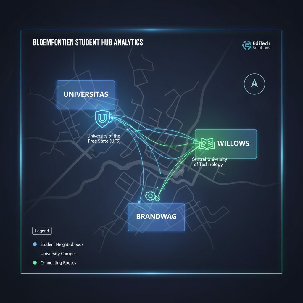 A clean UI design data visualization map of Bloemfontein, highlighting the key student neighborhoods of Universitas, Willows, and Brandwag. The UFS and CUT campuses are clearly marked with modern icons, and connecting routes are shown with soft, glowing lines, presented in a professional, tech-savvy B2B style.