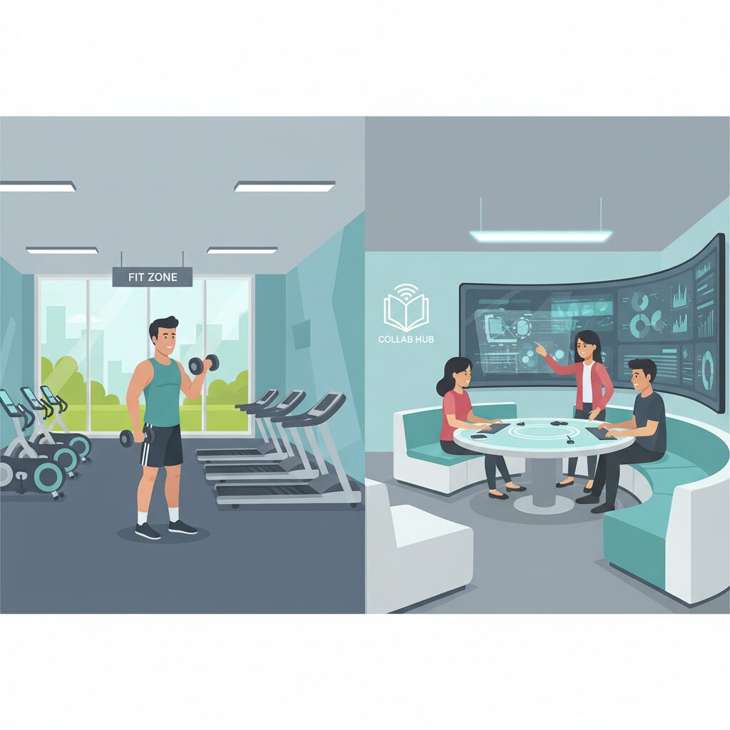 Corporate illustration of the interior of a modern student accommodation building. The scene shows a split view: on one side, a student is working out in a clean, well-equipped gym, and on the other, students are collaborating in a high-tech study lounge with sleek furniture and large screens.
