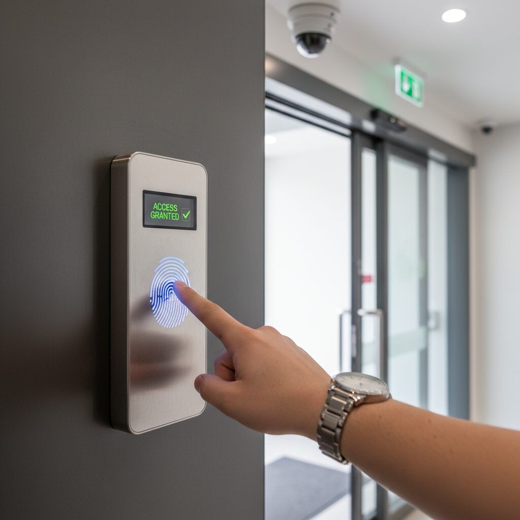 A professional, photorealistic close-up on a student's hand using a biometric fingerprint scanner to enter a modern, secure student residence building. In the background, a discreet CCTV camera is visible, and the overall lighting is clean and safe, emphasizing a high-tech security system.