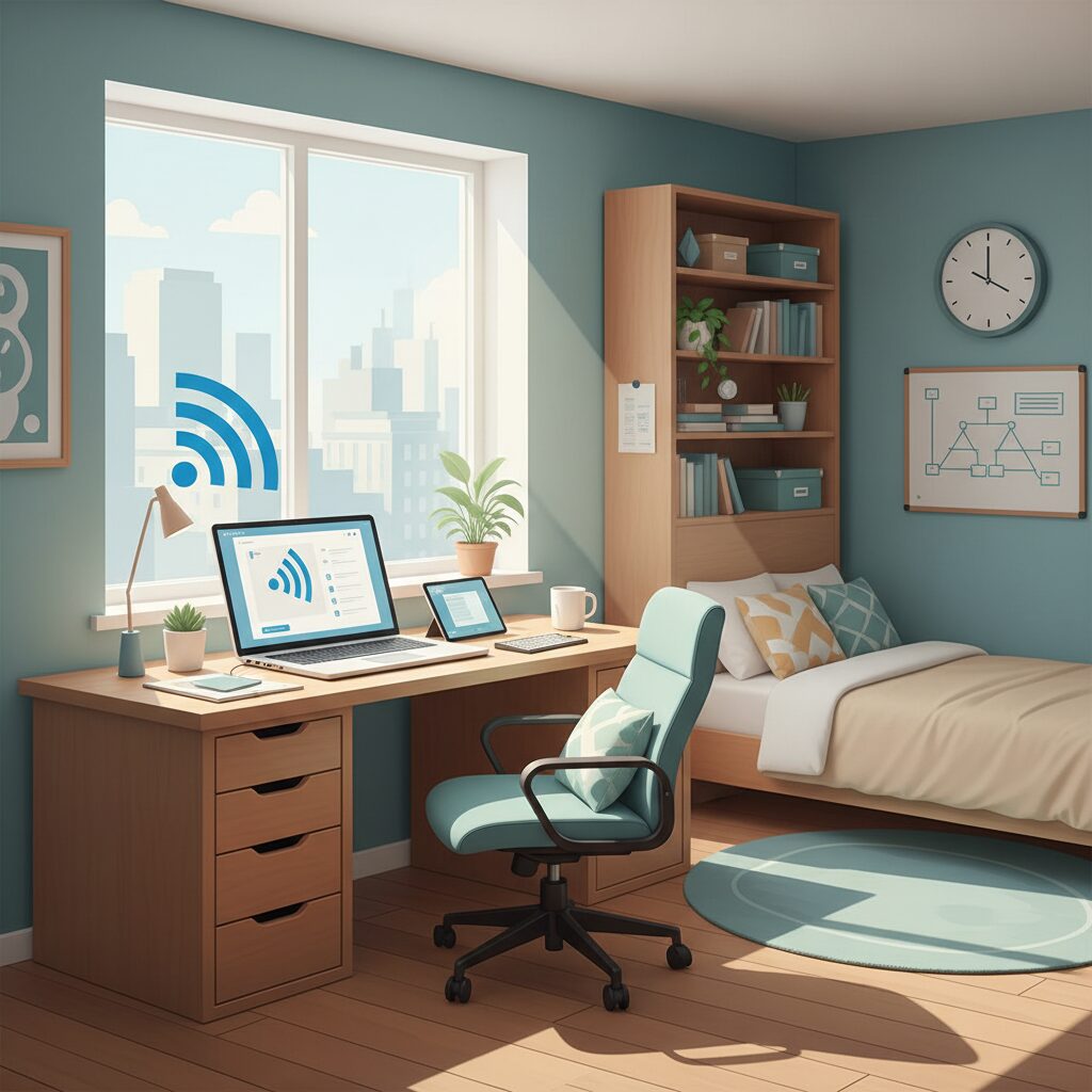 A corporate illustration of a clean, well-organized student room, featuring a desk with a laptop displaying a clean UI and abstract Wi-Fi waves, emphasizing a comfortable and connected study environment.