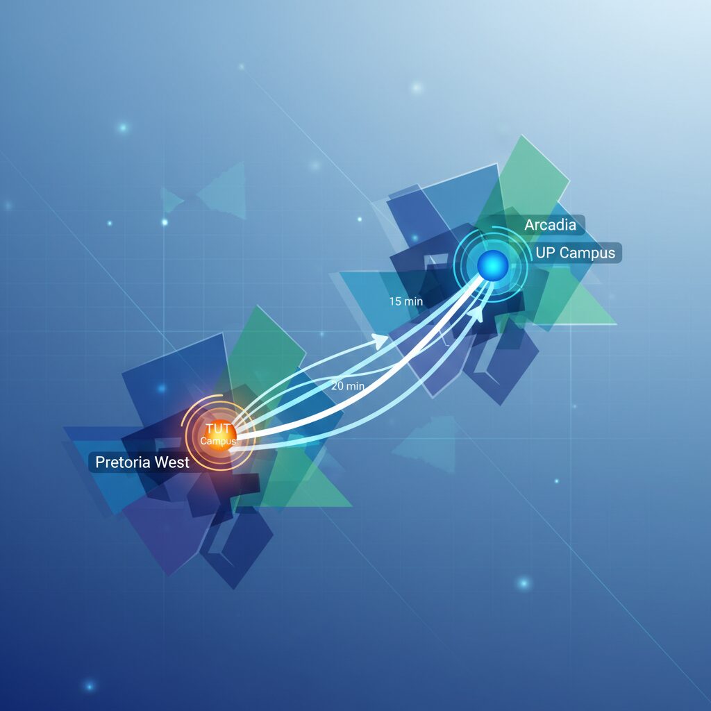 Abstract data visualization map, in a clean corporate illustration style, showing the districts of Arcadia and Pretoria West, with glowing nodes representing the UP and TUT university campuses and connecting lines illustrating transport routes and commute times.