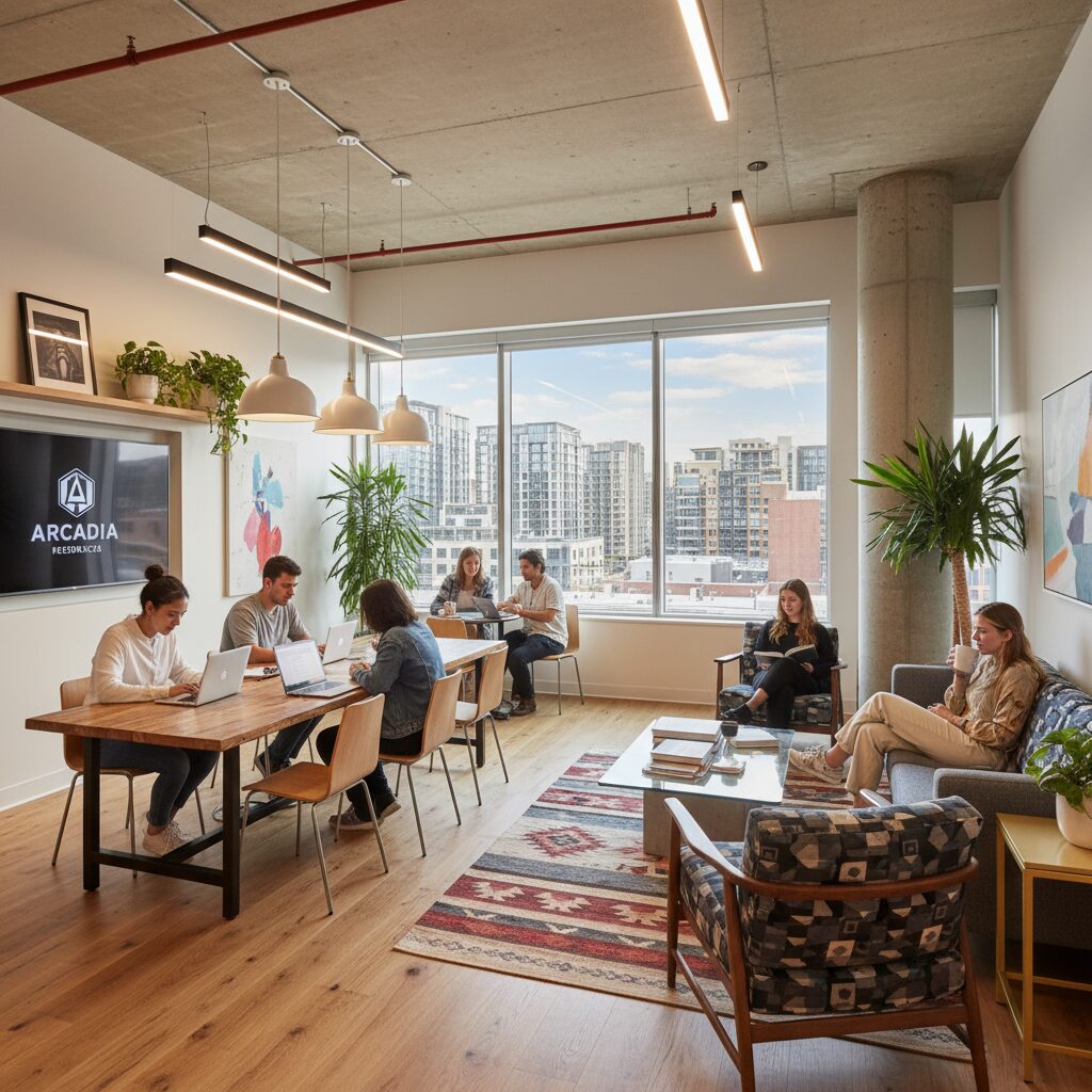 A photorealistic shot of a modern student accommodation in Arcadia communal lounge, featuring a diverse group of students studying on laptops in a well-lit, stylishly furnished space with large windows.