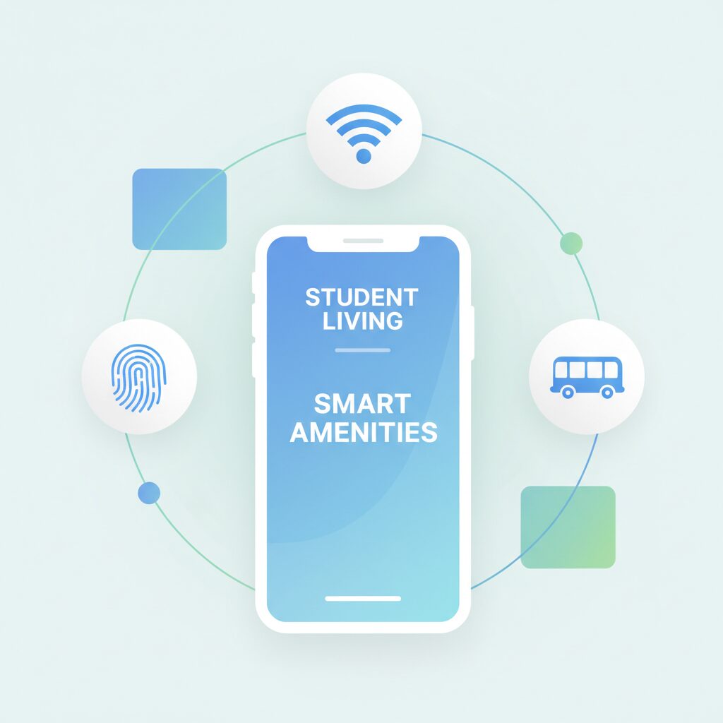 A clean UI design composition, presented as a corporate illustration, featuring a central smartphone screen surrounded by floating icons that represent key student accommodation amenities: a fingerprint for biometric security, a Wi-Fi symbol for connectivity, and a shuttle bus for transport.