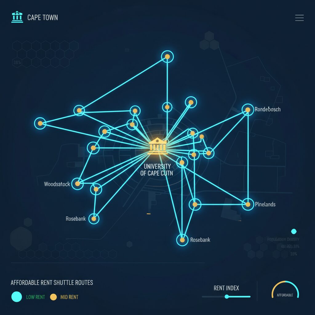 A clean UI design data visualization map of Cape Town, highlighting suburbs with glowing nodes and abstract lines representing shuttle routes to a central university icon, illustrating strategic location choices for affordable rent.