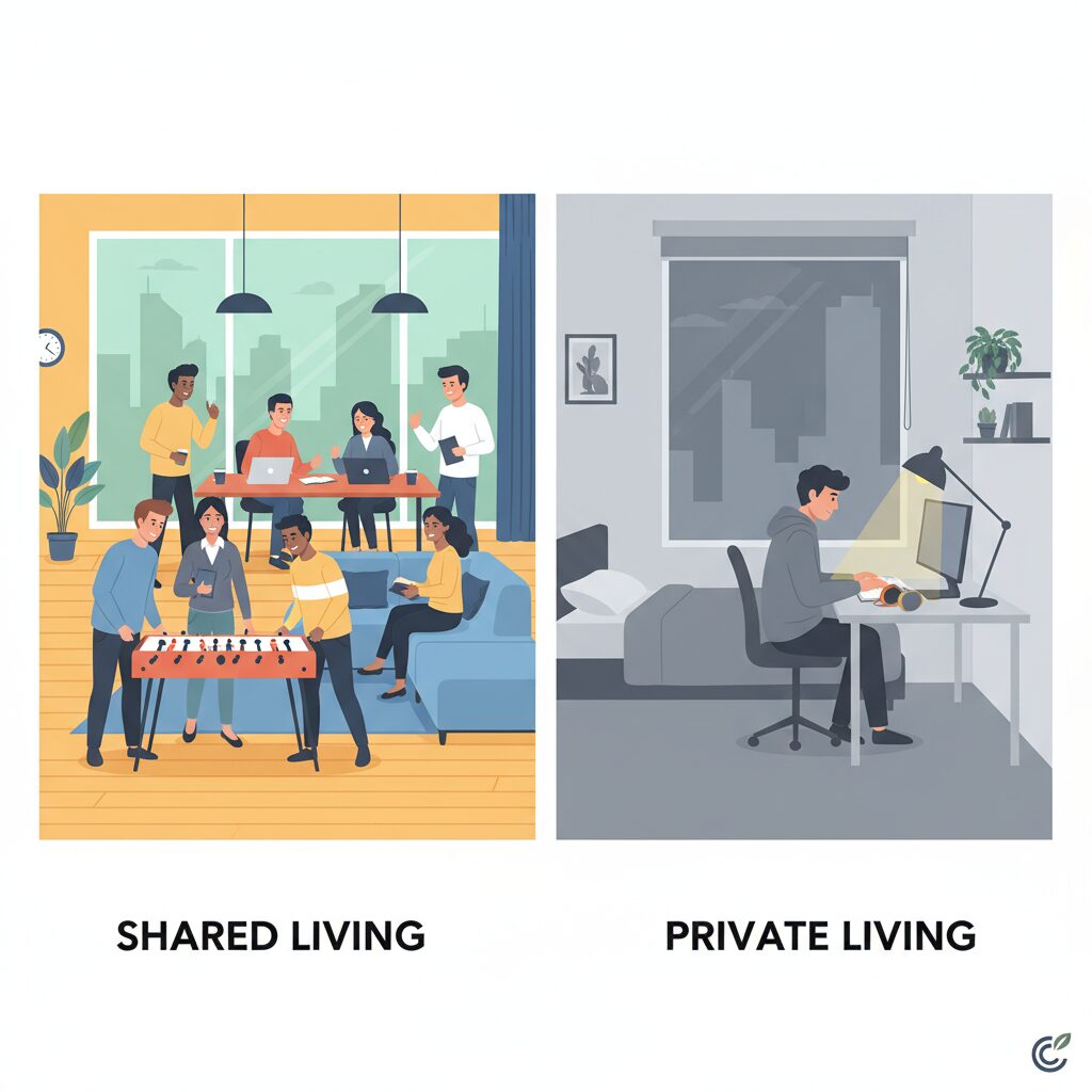 Corporate illustration in a split-screen format: the left side shows a vibrant, modern shared living space with students socializing, while the right shows a single student studying in a quiet, minimalist private room, contrasting shared versus private living.