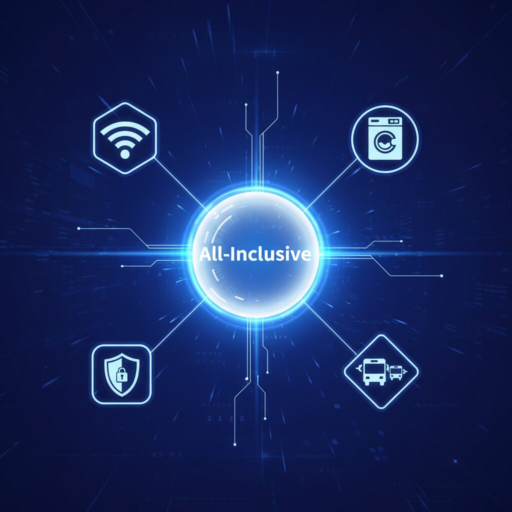 Abstract tech-style image where a central glowing sphere labeled 'All-Inclusive' connects via clean lines to icons for Wi-Fi, laundry, security, and transport, symbolizing the convenience of bundled services in student accommodation.