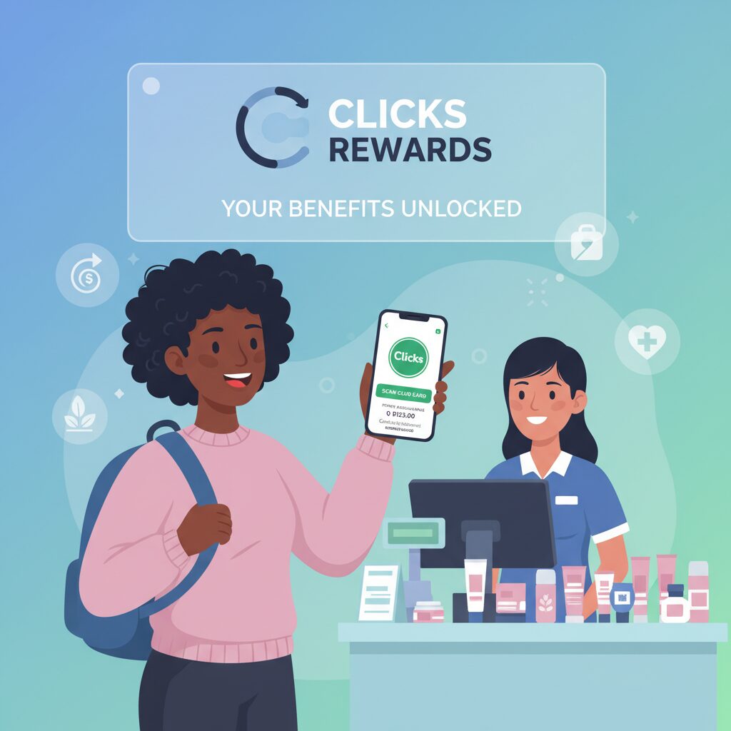 Corporate illustration of a young student at a Clicks checkout counter, smiling as they use the Clicks ClubCard loyalty program app on their phone. Abstract icons representing cashback and health products float in the background with a clean UI overlay showing points accumulating.