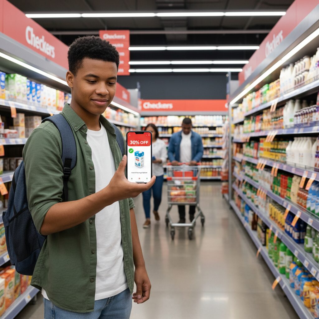 Photorealistic scene inside a Checkers grocery store where a student is using the Checkers Xtra Savings loyalty program app on their phone to scan an item. The phone screen displays a clean UI design with a large, clear '30% OFF' notification, highlighting the benefit of instant, in-store discounts.