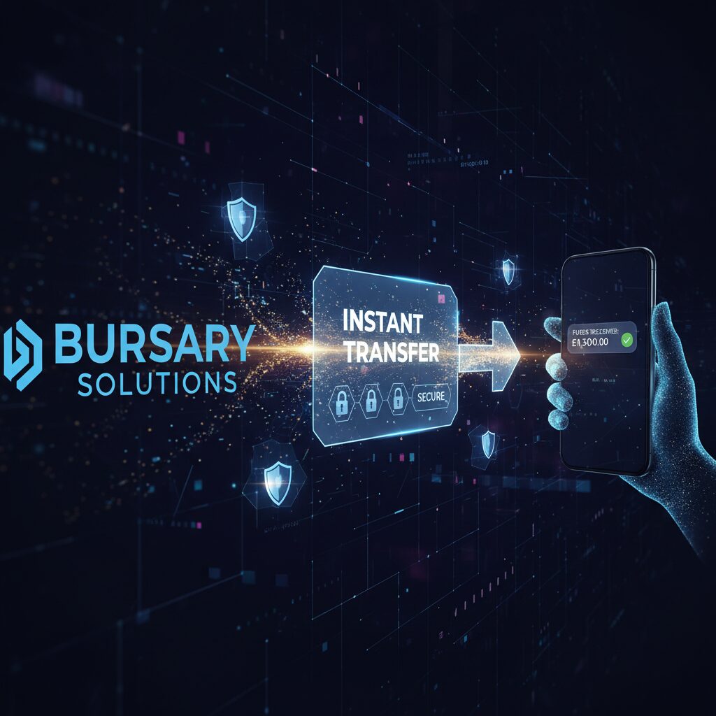 Abstract tech visualization of funds flowing instantly and securely from a bursary provider, through a clean UI interface, directly to a student's smartphone. The scene should convey speed and security, using light trails and secure lock icons against a dark, professional background.