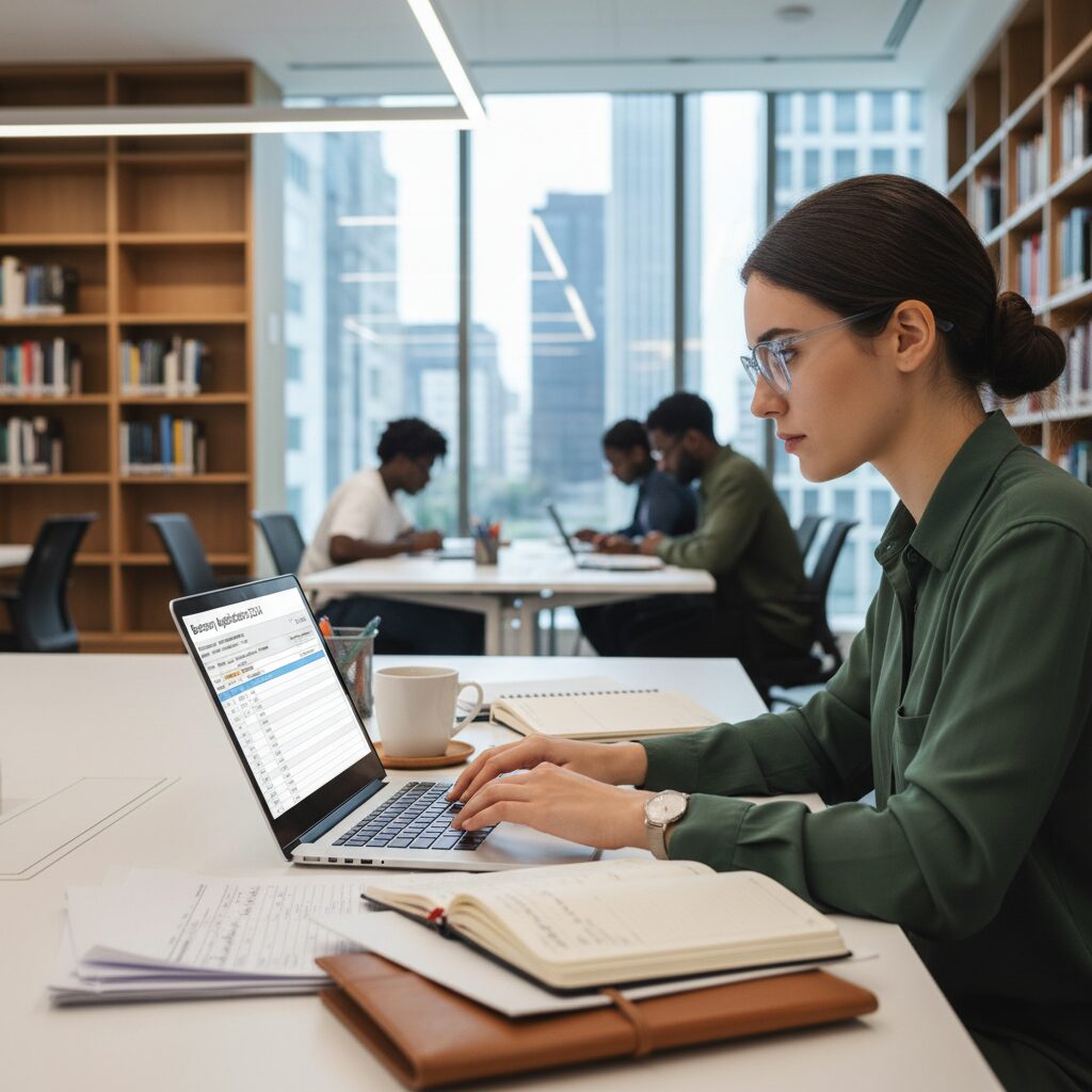 Photorealistic scene of a focused student in a modern office or library setting, diligently organizing their bursary application documents on a sleek laptop. The environment should be well-lit and professional, emphasizing focus and preparation for their future.