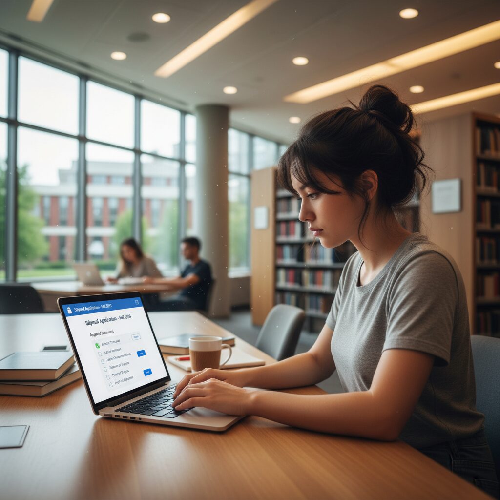 A focused university student in a modern, bright library setting, applying for a stipend on a laptop, with the screen displaying a clean UI design of a digital application portal with a checklist for required documents like academic transcripts.