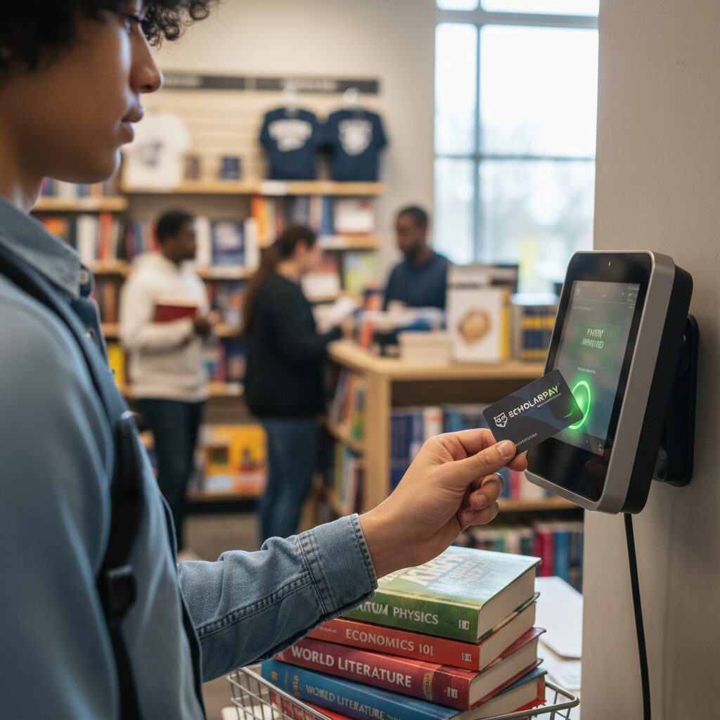 A photorealistic, over-the-shoulder shot of a student making a secure, contactless payment with a modern stipend card at a campus bookstore, with the focus on the seamless transaction for educational materials.