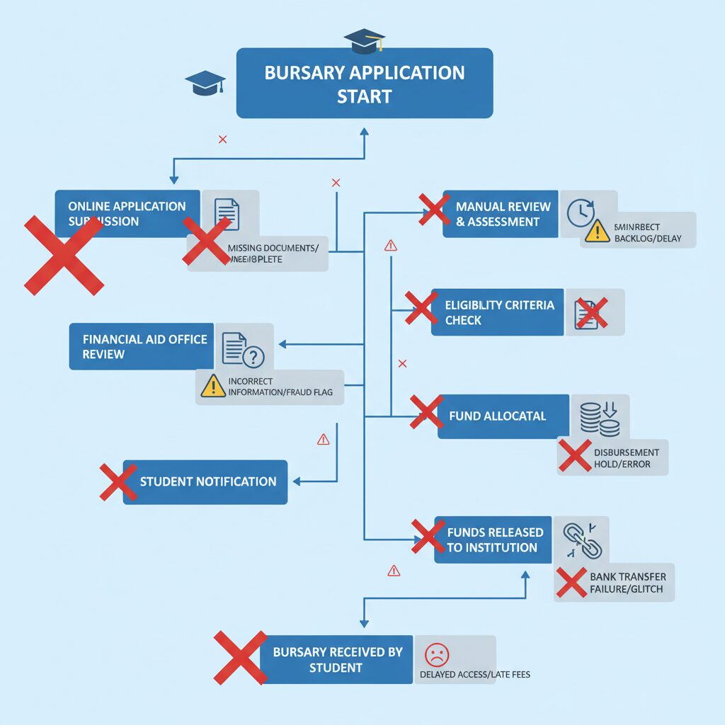 Corporate illustration depicting a complex flowchart representing a bursary application process, with several checkpoints marked by red 'X's and warning icons to symbolize administrative errors and delays in the disbursement chain.