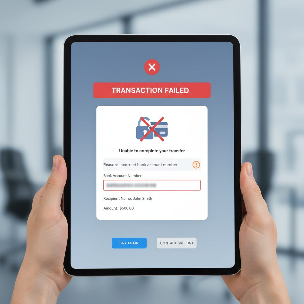 Clean UI design of a digital payment transfer screen on a tablet, showing a prominent 'Transaction Failed' error message. An icon highlights an incorrect bank account number, clearly representing a critical failure point in the payment process.