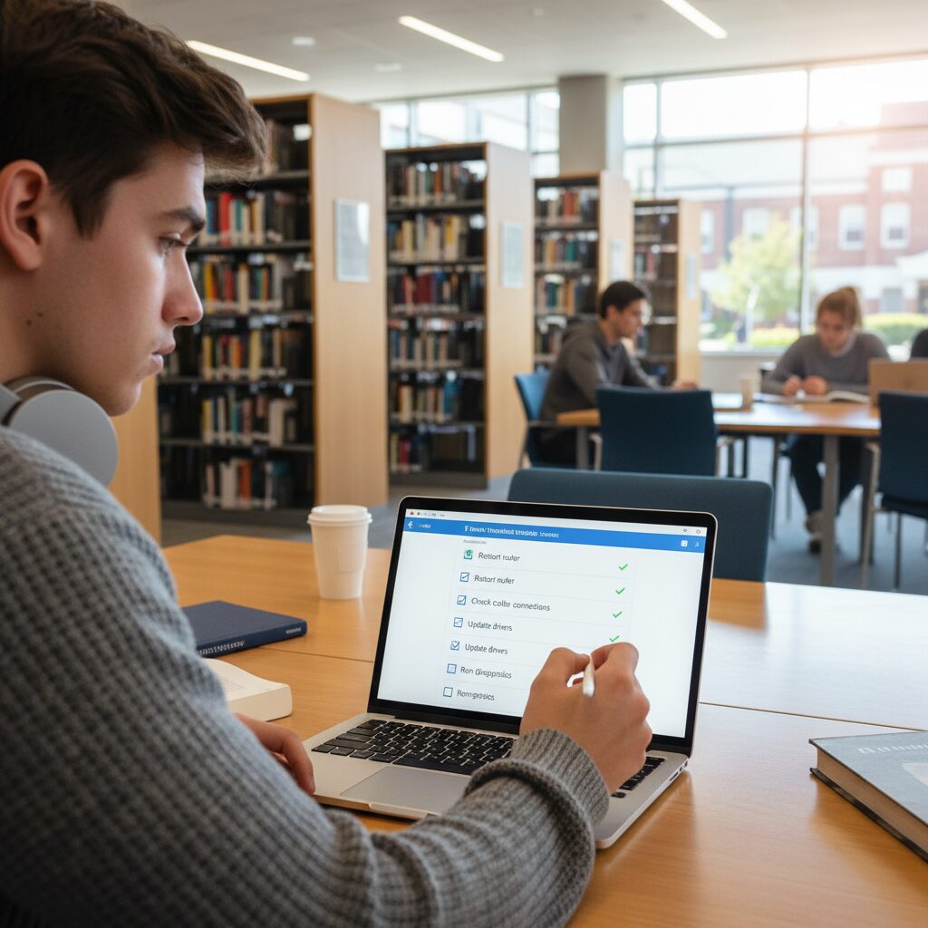 Photorealistic scene of a student in a modern university library, methodically checking off items on a digital troubleshooting checklist on their laptop screen with a focused expression, representing a systematic approach to problem-solving.