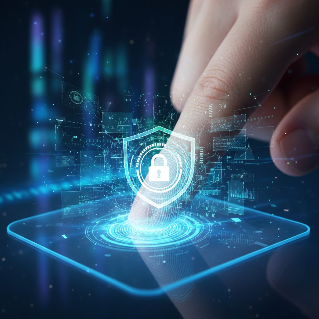 Abstract tech visualization showing the process of biometric authentication. A hyper-detailed, photorealistic close-up of a finger touching a scanner, with glowing blue holographic data streams and abstract digital patterns flowing from the print, representing the conversion of a fingerprint into an encrypted, secure digital template with liveness detection.