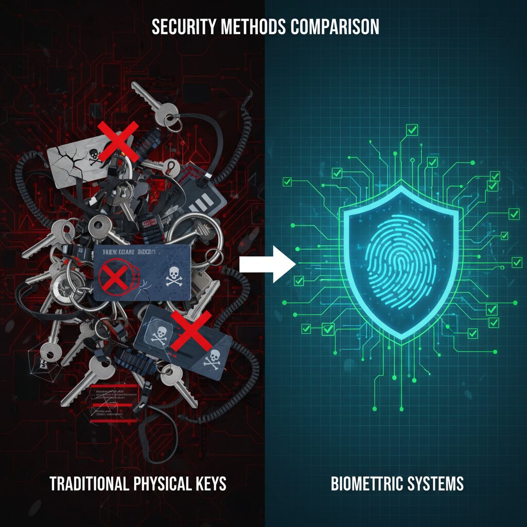 Data visualization style illustration comparing security methods. On one side, a chaotic jumble of physical keycards and keys with red 'X' marks and warning symbols. On the other side, a single, clean, glowing fingerprint icon connected to a secure, orderly digital network with green checkmarks, visually representing the superior security and organization of fingerprint access control.