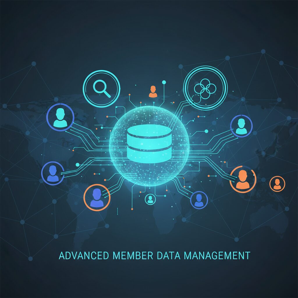 Corporate illustration depicting a centralized, secure database as a glowing digital hub for a membership management software South Africa platform, with lines of data connecting to diverse member profile icons. The design is clean and abstract, featuring search and segmentation icons to visualize the concept of advanced member database management.