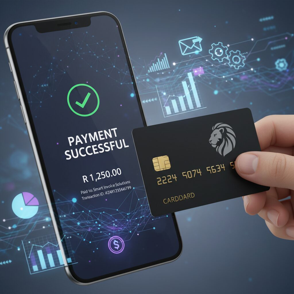 A photorealistic close-up of a smartphone screen displaying a successful payment notification in South African Rand (ZAR), with a credit card held next to it. The background consists of abstract data visualization of financial reports and automated invoicing icons, representing the seamless online fee collection managed behind a secure club manager login.