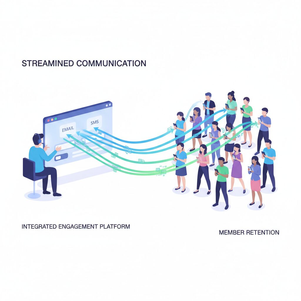 A modern, clean graphic showing how simple it is to stay connected using membership management software South Africa. On one side, a manager sends emails and text messages from a central dashboard, which travel as glowing digital lines to a diverse group of members looking at their phones. It perfectly shows how easy it is to keep your community engaged.