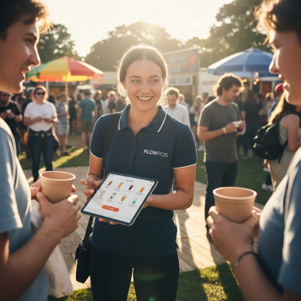 A professional, energetic photograph of a staff member at a sunny outdoor food festival, moving through a small crowd and using a tablet with a clean POS interface to sell beverages, showcasing the ultimate portability and convenience of the system.