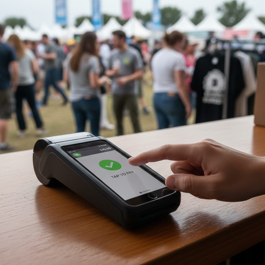 A close-up, photorealistic shot of a customer's hand tapping their smartphone for a contactless payment on a sleek, white PAX A920 Pro terminal running android point of sale software at a busy event merchandise counter, with the background blurred to emphasize the speed and efficiency of the transaction.
