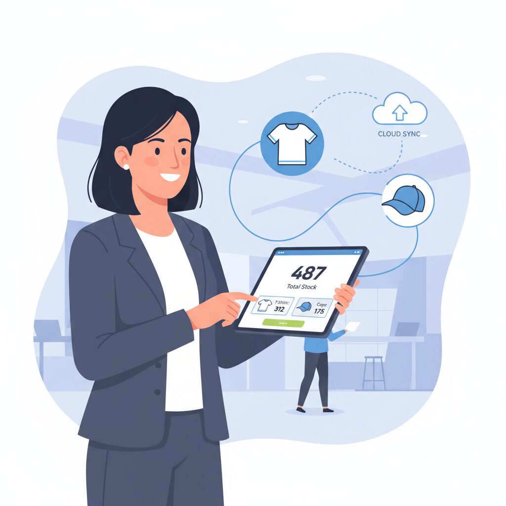 A corporate illustration depicting an event manager holding a tablet with a clean UI showing real-time inventory levels, with abstract lines connecting to icons of merchandise like t-shirts and caps to visualize precise, cloud-based stock management.