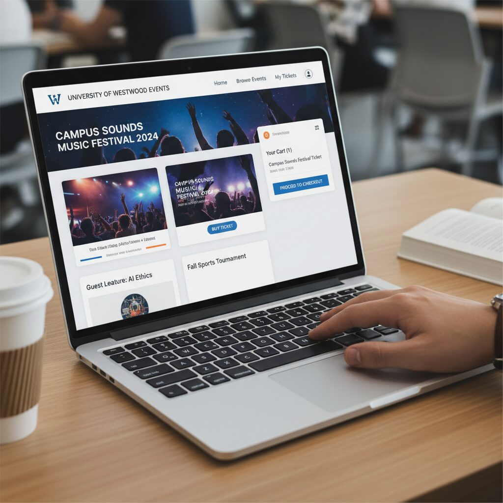 A clean UI design mockup showcasing a university event ticketing portal on a laptop screen, with a student's hand using the trackpad to purchase a ticket for a campus music festival, emphasizing a simple and integrated user experience.