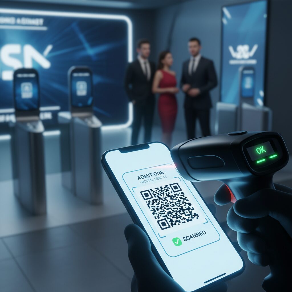 A close-up, photorealistic shot focusing on a smartphone screen displaying a brightly lit QR code for university event ticketing, being successfully scanned by a handheld device operated by event staff, with the blurred background showing a modern and orderly event entrance.