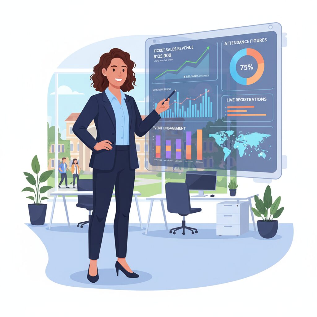 A corporate illustration depicting a university event manager in a modern office, confidently reviewing a large screen displaying a data visualization dashboard with real-time analytics, charts, and graphs showing ticket sales revenue and attendance figures for a campus event.