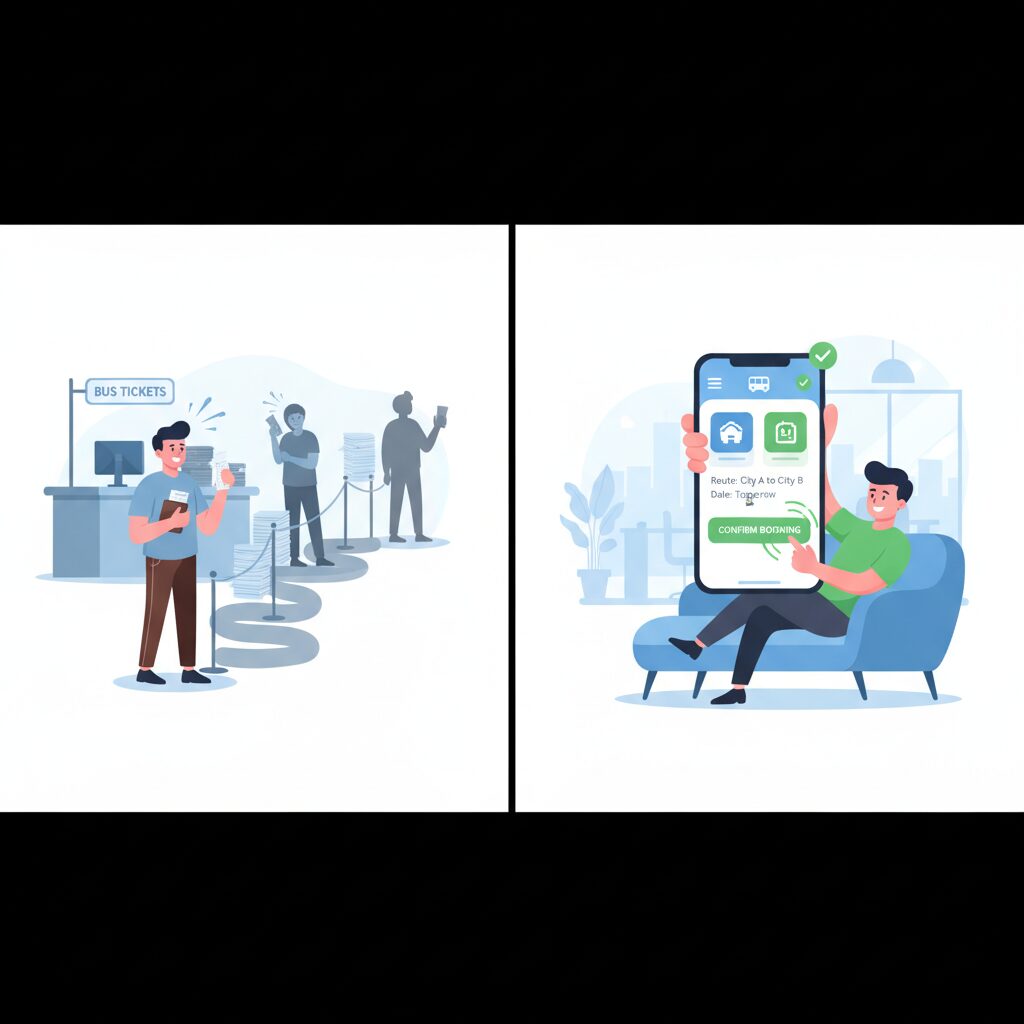 Corporate illustration showing a side-by-side comparison for booking bus tickets. One side features a stylized representation of a person in a physical queue at a retail counter, contrasted with the other side showing a person easily tapping on a large, clean UI on a smartphone to buy tickets online and confirm a booking instantly.