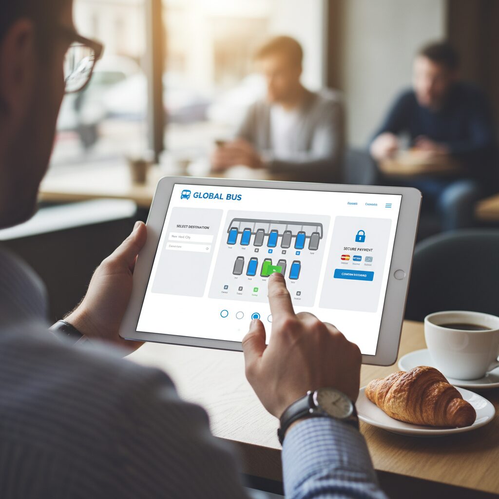 Photorealistic, over-the-shoulder shot of a person using a tablet to buy tickets online for their next bus journey. The screen displays a clean UI with a step-by-step process: selecting a destination, choosing a seat from an interactive map, and a secure payment icon, emphasizing the simplicity of the digital process.