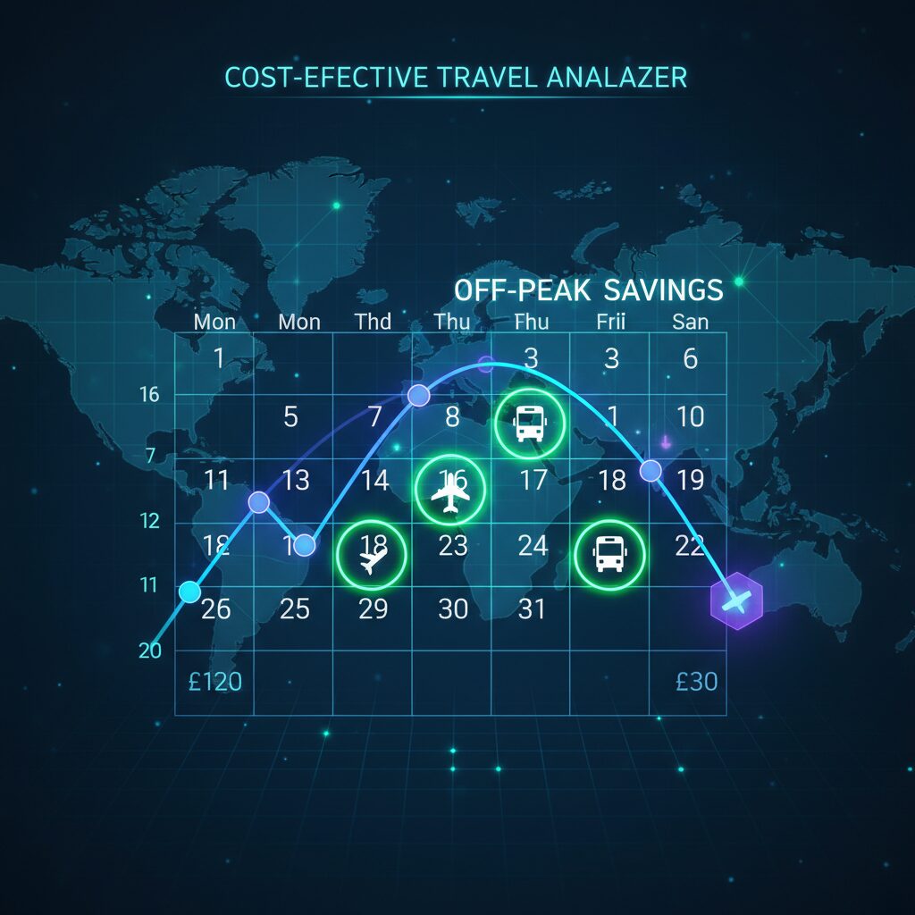 Abstract tech data visualization illustrating cost-effective travel. The image shows a sleek, glowing line graph over a calendar, demonstrating how bus ticket prices decrease when booked further in advance, with icons representing off-peak days highlighted for maximum savings.