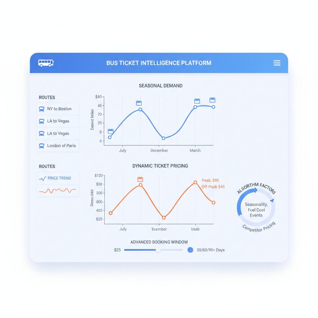 Corporate illustration displaying a clean UI dashboard with dynamic pricing graphs for johannesburg to durban bus prices, showing fluctuating costs based on seasonality and demand, representing the concept of advanced booking and pricing models.